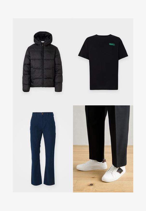 Crna puffer jakna s kapuljačom, koja ima horizontalne kvadratne panele, zatvaranje na zip sprijeda i glatku, sjajnu teksturu.; Crna majica kratkih rukava od pamuka. Na prednjem dijelu se nalazi zeleni "ROOTS" logo, okrugli izrez i standardni kroj.; Nautičke plave hlače od pamučne tkanine s proširenim dizajnom, s prednjim kopčanjem na gumb i bočnim džepovima. Glatka tekstura.; Bijele tenisice s glatkom teksturom, s smešnim kožnim detaljima i crnim naglascima, u kombinaciji s crnim krojenim hlačama. Pozadina od drvenog poda.
