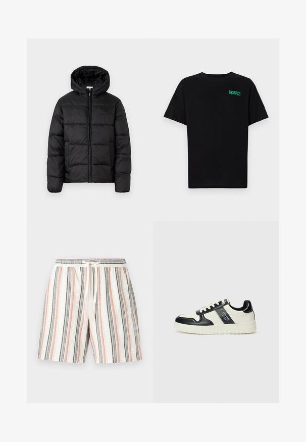 Jachetă puffer neagră cu glugă, cu panouri quilted orizontale, închidere prin fermoar și o textură netedă, lucioasă.; Tricou negru din bumbac, cu mâneci scurte. Prezintă un logo verde "ROOTS" pe față, guler rotund și o potrivire standard.; Shorts striped, din material ușor, cu dungi verticale în alb, roz, gri și negru, având un tiv elastic și un șnur de ajustare.; Tenisi din piele cu un scheme de culori negru și crem, dotati cu accente perforate, guler căptușit și o talpă texturată.