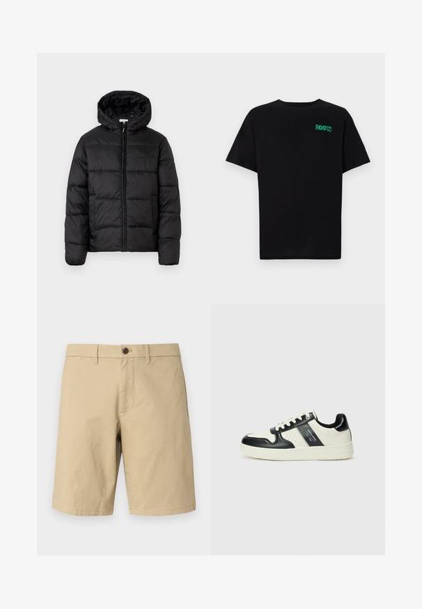 Mustapukuinen puhvijakku, jossa on huppu, vaakasuorat tikatut paneelit, vetoketjukiinnitys ja sileä, kiiltävä pinta.; Mustat t-paidat, jotka on valmistettu puuvillasta ja joissa on lyhyet hihat. Edessä vihreä "ROOTS"-logo, pyöreä kaula-aukko ja normaali istuvuus.; GAP VINTAGE - Shortsit - khaki; Nahkakengät musta-kerma värimaailmassa, joissa on rei'itetyt yksityiskohdat, pehmustettu nilkkaosa ja teksturoitu pohja.