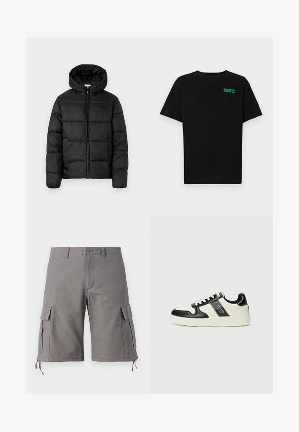 Fekete puffermellény kapucnival, vízszintes steppelésekkel, cipzáros elülső záródással és sima, fényes felülettel.; Fekete, pamutból készült póló rövid ujjakkal. Elöl zöld "ROOTS" logóval, kerek nyakkivágással és normál szabással.; Szürke cargo sort, pamut keverék anyagból készült. Oldalsó zsebekkel, állítható húzózsinórral az alján és gombos záródással rendelkezik.; Fekete és krém színű bőrsneaker, perforált díszítésekkel, párnázott bokapánttal és texturált talppal.