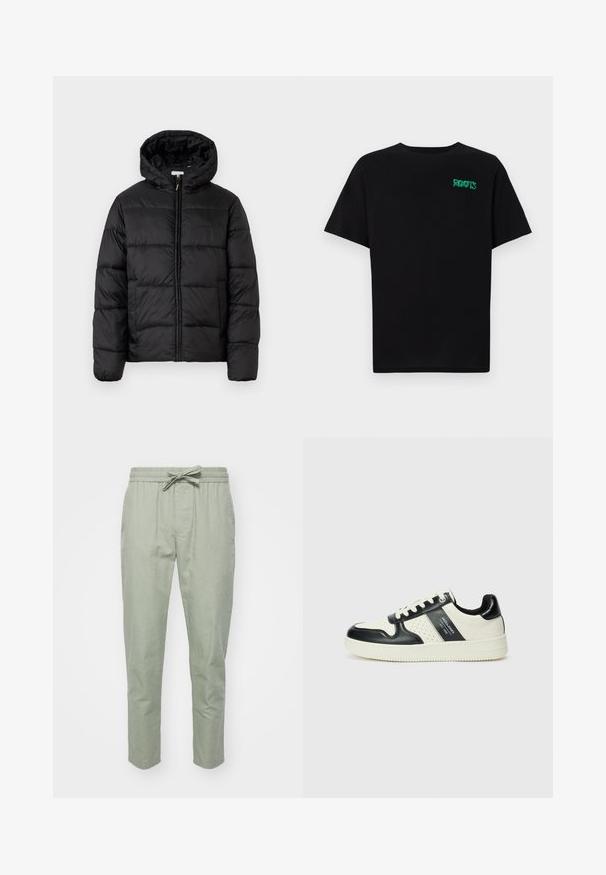 Μαύρο μπουφάν με κουκούλα, με οριζόντια καπιτονέ πάνελ, κλείσιμο με φερμουάρ μπροστά και λεία, γυαλιστερή υφή.; Μαύρη μπλούζα φτιαγμένη από βαμβάκι με κοντά μανίκια. Διαθέτει το πράσινο λογότυπο "ROOTS" μπροστά, στρογγυλή λαιμόκοψη και κανονική εφαρμογή.; Ανοιχτό πράσινα, κωνικά παντελόνια με ελαστική μέση και ρυθμιζόμενο κορδόνι; φτιαγμένα από μαλακό, υφασμάτινο υλικό για άνεση.; Δερμάτινα sneakers με μαύρο και κρεμ χρωματικό σχέδιο, με διάτρητες λεπτομέρειες, επενδεδυμένο κολάρο και υφή στη σόλα.