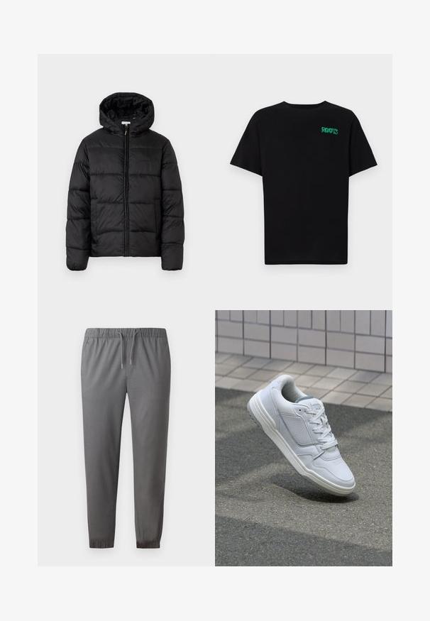 Black puffer jacket with a hood, featuring horizontal quilted panels, zip front closure, and a smooth, shiny texture.; Black t-shirt made of cotton with short sleeves. Features a green "ROOTS" logo on the front, round neckline, and standard fit.; Gray jogger pants made of soft fabric, featuring an elastic waistband with drawstring, cuffed ankles, and a smooth texture.; White leather sneaker with perforated sides, textured accents, flat laces, and a contrasting gray heel. Features a slightly elevated sole.