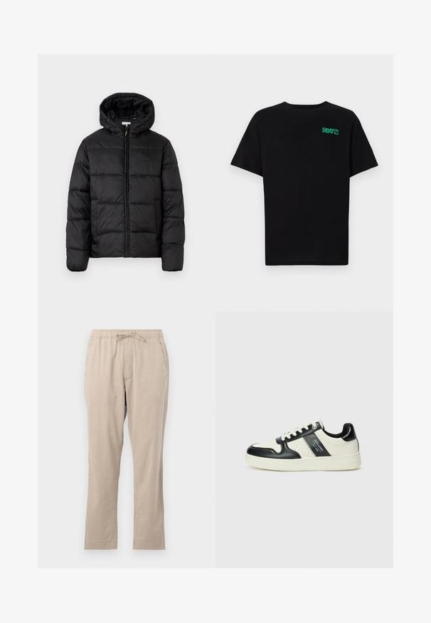 Black puffer jacket with a hood, featuring horizontal quilted panels, zip front closure, and a smooth, shiny texture.; Black t-shirt made of cotton with short sleeves. Features a green "ROOTS" logo on the front, round neckline, and standard fit.; Beige, lightweight pants with an elasticized waistband, front pockets, and drawstring. Smooth texture and straight leg design.; Leather sneakers with a black and cream color scheme, featuring perforated accents, a padded collar, and a textured outsole.