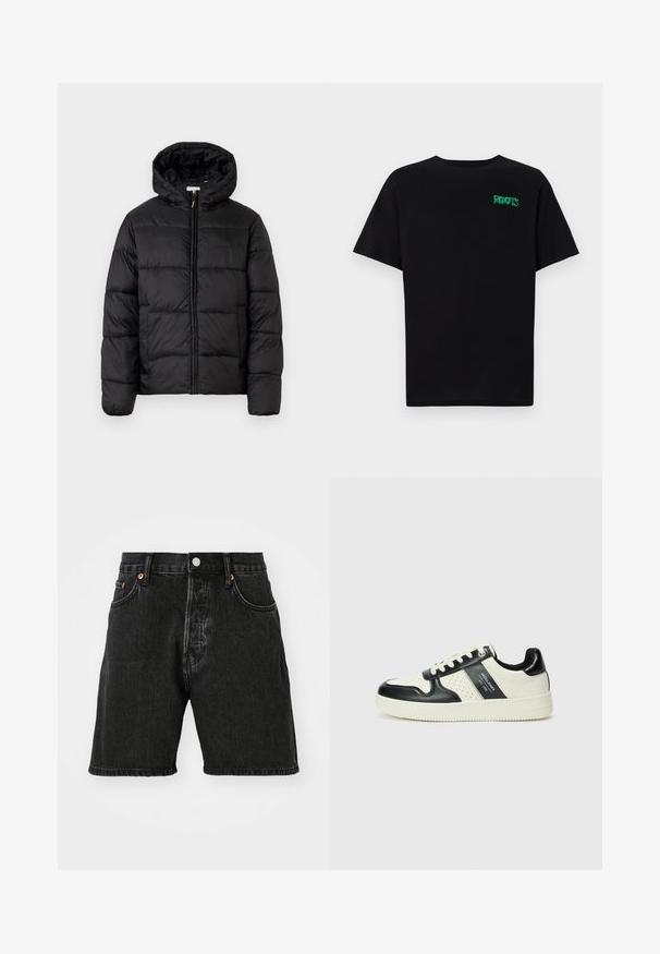 Giacca a vento nera con cappuccio, caratterizzata da pannelli trapuntati orizzontali, chiusura frontale con zip e una texture liscia e lucida.; T-shirt nera in cotone con maniche corte. Presenta un logo verde "ROOTS" sulla parte frontale, colletto rotondo e vestibilità standard.; Shorts di denim neri con vita alta, design a cinque tasche, bottoni in rame e orlo raw. Il tessuto presenta una leggera consistenza con sfumature sbiadite.; Sneakers in pelle con una combinazione di colori nero e crema, dotati di dettagli perforati, collare imbottito e suola testurizzata.