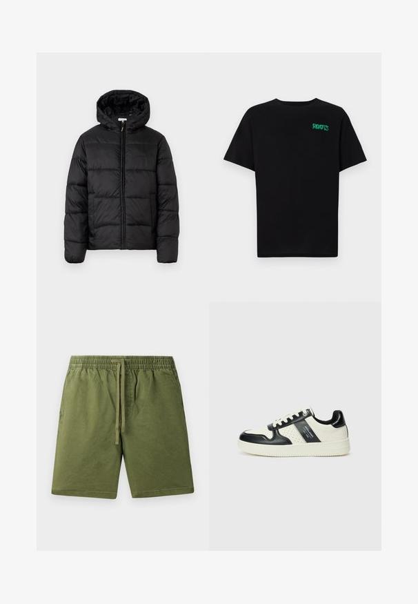 Schwarze Steppjacke mit Kapuze, ausgestattet mit horizontalen Stepppanelen, Reißverschluss vorne und einer glatten, glänzenden Textur.; Schwarzes T-Shirt aus Baumwolle mit kurzen Ärmeln. Auf der Vorderseite befindet sich ein grünes "ROOTS"-Logo, es hat einen runden Halsauschnitt und eine normale Passform.; Khaki-grüne Shorts aus weichem Baumwollstoff, mit einem elastischen Bündchen und einer Kordel sowie Seitentaschen. Glatte Textur, lässiges Design.; Leder-Sneaker in Schwarz- und Cremetönen, mit perforierten Akzenten, einem gepolsterten Kragen und einer strukturierten Laufsohle.