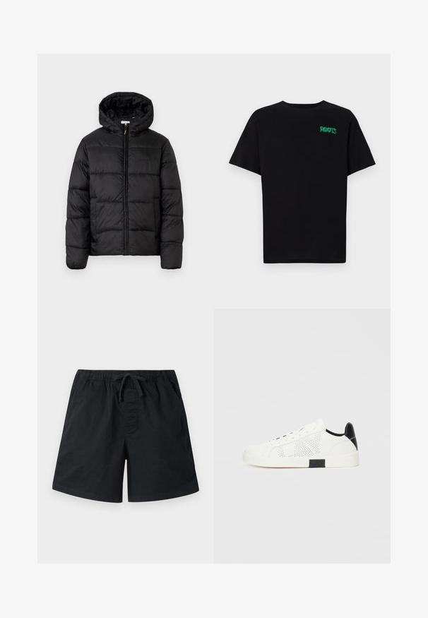 Chaqueta de plumas negra con capucha, que presenta paneles acolchados horizontales, cierre frontal con cremallera y una textura suave y brillante.; Camiseta negra de algodón con mangas cortas. Presenta un logo verde "ROOTS" en el frente, escote redondo y corte estándar.; Bañador negro con cintura elástica y cordón. Presenta bolsillos laterales y una tela suave y ligera. Corte regular.; Zapatillas blancas con diseño perforado, acento negro en el talón y suela de goma blanca. Presentan cordones y logotipo en el lateral. Textura de cuero suave.