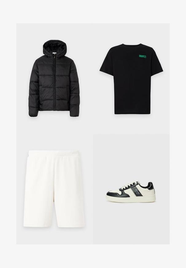 Čierna prešívaná bunda s kapucňou, s horizontálnymi prešívanými panelmi, so zipsom vpredu a hladkou, lesklou textúrou.; Čierne tričko s krátkymi rukávmi vyrobené z bavlny. Na prednej strane má zelené logo "ROOTS", okrúhly výstrih a štandardný strih.; Biele rebrované šortky s elastickým pásom, s rovný strihom a jemným materiálom, vhodné na neformálne nosenie.; Kožené tenisky v čierno-krémovej farbe, s perforovanými akcentmi, polstrovaným golierom a štruktúrovanou podrážkou.