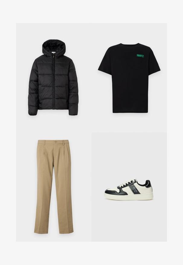 Musternaturmustar coat mustelhoovaga, hrisontaalsete tikandi paneelidega, tõmbluku ees sulgemisega ja sujuva, läikiva tekstuuriga.; Must t-särk, mis on valmistatud puuvillast, lühikeste varrukatega. Esipaneelil on roheline "ROOTS" logo, ümmargune kaelus ja tavapärane lõige.; Siletnud püksid, millel on kaks eesmist voldikut, kinni klõpsatav nööp, sirged sääred ja puhas ääreline.; Nahatud nahkkingad musta ja kreemi värviskeemiga, millel on perforeeritud aktsendid, pehme krae ja tekstureeritud tallad.