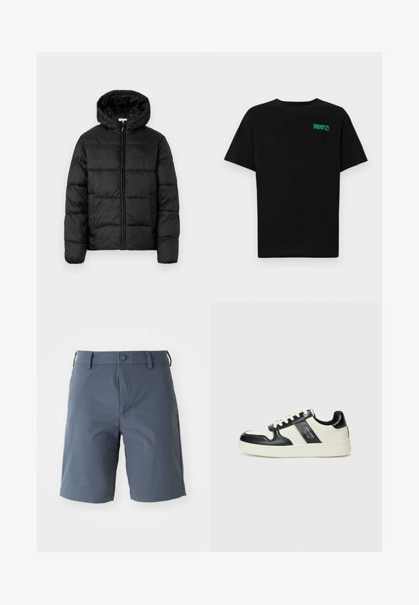 Jachetă puffer neagră cu glugă, cu panouri quilted orizontale, închidere prin fermoar și o textură netedă, lucioasă.; Tricou negru din bumbac, cu mâneci scurte. Prezintă un logo verde "ROOTS" pe față, guler rotund și o potrivire standard.; Shorts griș, lungime până la genunchi, fabricate dintr-un material ușor; au un sistem de închidere cu buton, bucle pentru curea și buzunare laterale cu o textură netedă.; Tenisi din piele cu un scheme de culori negru și crem, dotati cu accente perforate, guler căptușit și o talpă texturată.