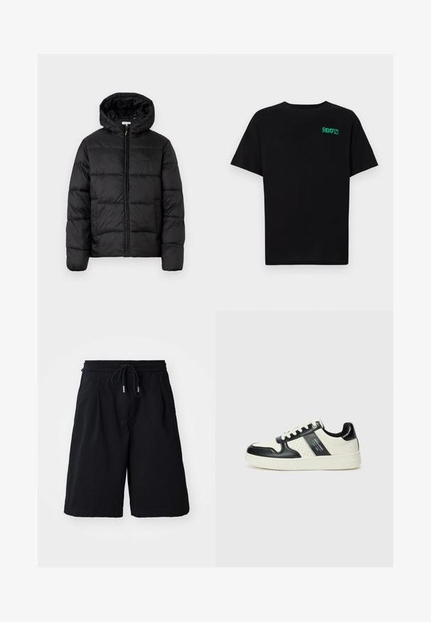 Černá péřová bunda s kapucí, s horizontálně prošívanými panely, předním zipovým zapínáním a hladkým, lesklým povrchem.; Černé tričko vyrobené z bavlny s krátkým rukávem. Na přední straně se nachází zelené logo "ROOTS", kulatý výstřih a standardní střih.; Černé šortky s elastickým pasem a tkaničkou, vyrobené z lehkého materiálu. Mají volnější střih a žádné viditelné vzory nebo akcenty.; Kožené tenisky s černobílou barevnou kombinací, které mají perforované detaily, polstrovaný límec a texturovanou podrážku.