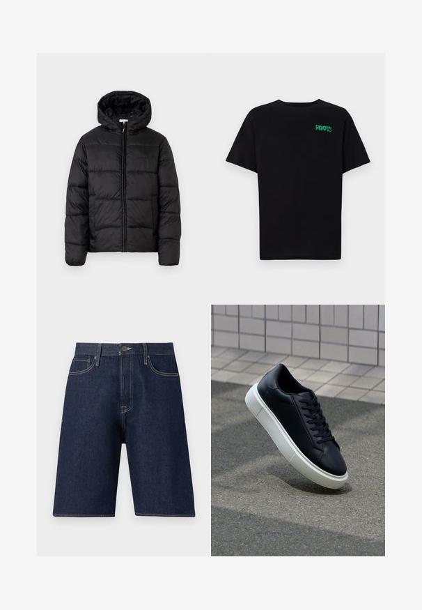 Black puffer jacket with a hood, featuring horizontal quilted panels, zip front closure, and a smooth, shiny texture.; Black t-shirt made of cotton with short sleeves. Features a green "ROOTS" logo on the front, round neckline, and standard fit.; Dark blue denim shorts with a straight cut, featuring a button closure, belt loops, and tonal stitching. No visible patterns or embellishments.; Black leather sneaker with rounded toe and white rubber sole. Features flat laces and minimal stitching on the upper. Textured sole for grip.