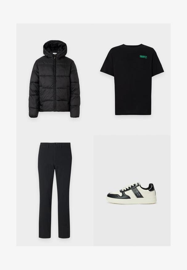 Črna pufasta bunda s kapuco, ki ima vodoravne prešite plošče, sprednje zapiranje na zadrgo in gladko, sijočo teksturo.; Črna majica iz bombaža z kratkimi rokavi. Na sprednji strani ima zeleno logotip "ROOTS", okroglo ovratnico in standardno prileganje.; Črne hlače ravnega kroja, izdelane iz gladkega blaga. Imajo sprednje gumbe, zanke za pas in dve stranski žepek.; Usnjeni športni čevlji z črno in krem barvno shemo, ki vključujejo perforirane dodatke, podložen ovratnik in strukturirano podplat.