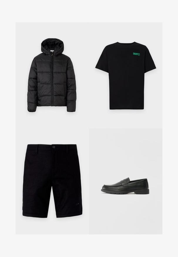 Črna pufasta bunda s kapuco, ki ima vodoravne prešite plošče, sprednje zapiranje na zadrgo in gladko, sijočo teksturo.; Črna majica iz bombaža z kratkimi rokavi. Na sprednji strani ima zeleno logotip "ROOTS", okroglo ovratnico in standardno prileganje.; Črne hlače kratkega kroja z gladko teksturo, z gumbom za zapiranje, tradicionalnimi žepi in zavitimi manšetami. Narejene iz lahkega materiala.; Črne usnjene loafer čevlje z gladko površino, zgornjim delom v slogu mokasin, šivanimi detajli in gumijastim podplatom. Klasična zasnova z nizko peto.