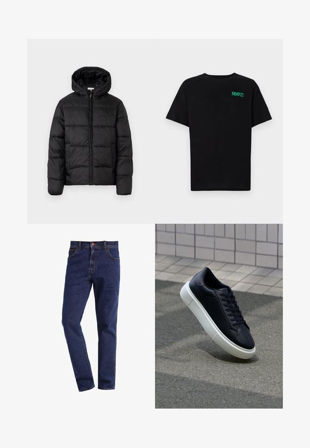 Czarna kurtka puchowa z kapturem, z poziomymi pikowanymi panelami, zapinana na zamek błyskawiczny z przodu i o gładkiej, błyszczącej fakturze.; Czarna koszulka z bawełny z krótkim rękawem. Posiada zielone logo "ROOTS" z przodu, okrągły dekolt i standardowy krój.; Granatowe dżinsy straight-leg z przednimi kieszeniami, zapinane na guziki, z szlufkami na pasek i widocznym przeszyciem.; Czarne skórzane sneakersy z okrągłym noskiem i białą gumową podeszwą. Posiadają płaskie sznurowadła i minimalne przeszycia na cholewce. Teksturowana podeszwa zapewnia przyczepność.