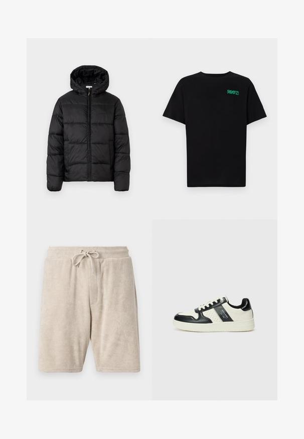 Mustapukuinen puhvijakku, jossa on huppu, vaakasuorat tikatut paneelit, vetoketjukiinnitys ja sileä, kiiltävä pinta.; Mustat t-paidat, jotka on valmistettu puuvillasta ja joissa on lyhyet hihat. Edessä vihreä "ROOTS"-logo, pyöreä kaula-aukko ja normaali istuvuus.; Beige froteeshortsit elastisella vyötärönauhallaan ja säädettävällä nauhalla. Ominaisuuksiin kuuluu yksi etutasku ja polvenpituinen muotoilu.; Nahkakengät musta-kerma värimaailmassa, joissa on rei'itetyt yksityiskohdat, pehmustettu nilkkaosa ja teksturoitu pohja.