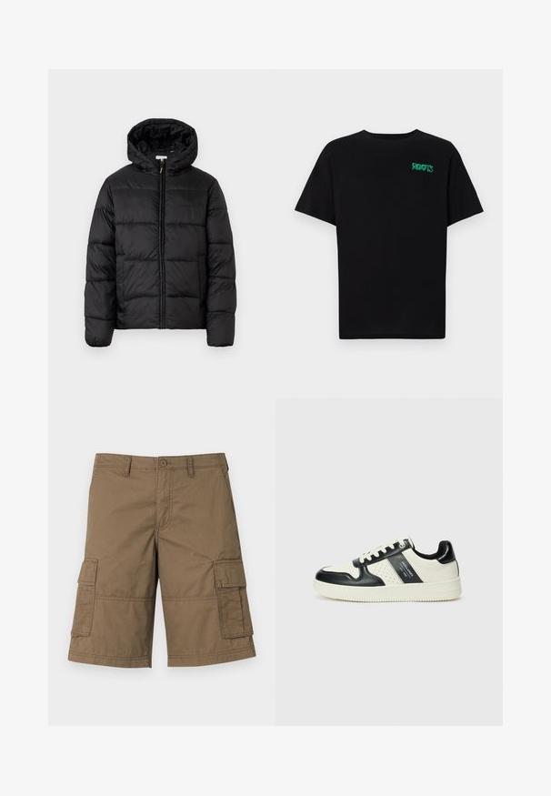 Schwarze Steppjacke mit Kapuze, ausgestattet mit horizontalen Stepppanelen, Reißverschluss vorne und einer glatten, glänzenden Textur.; Schwarzes T-Shirt aus Baumwolle mit kurzen Ärmeln. Auf der Vorderseite befindet sich ein grünes "ROOTS"-Logo, es hat einen runden Halsauschnitt und eine normale Passform.; Braune Baumwoll-Cargo-Shorts mit mehreren Seitentaschen, einem Knopfverschluss und genähter Dekoration. Klassisches knielanges Design.; Leder-Sneaker in Schwarz- und Cremetönen, mit perforierten Akzenten, einem gepolsterten Kragen und einer strukturierten Laufsohle.
