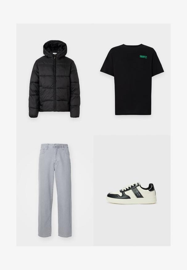 Veste matelassée noire avec capuche, présentant des panneaux matelassés horizontaux, un devant zippé et une texture lisse et brillante.; T-shirt noir en coton à manches courtes. Présente un logo "ROOTS" vert sur le devant, un col rond et une coupe standard.; Jean en denim gris clair avec un design à jambe droite, cinq poches, passants de ceinture et une fermeture à bouton. Texture lisse sans motifs visibles.; Baskets en cuir avec un schéma de couleurs noir et crème, dotées d'accents perforés, d'un col rembourré et d'une semelle texturée.