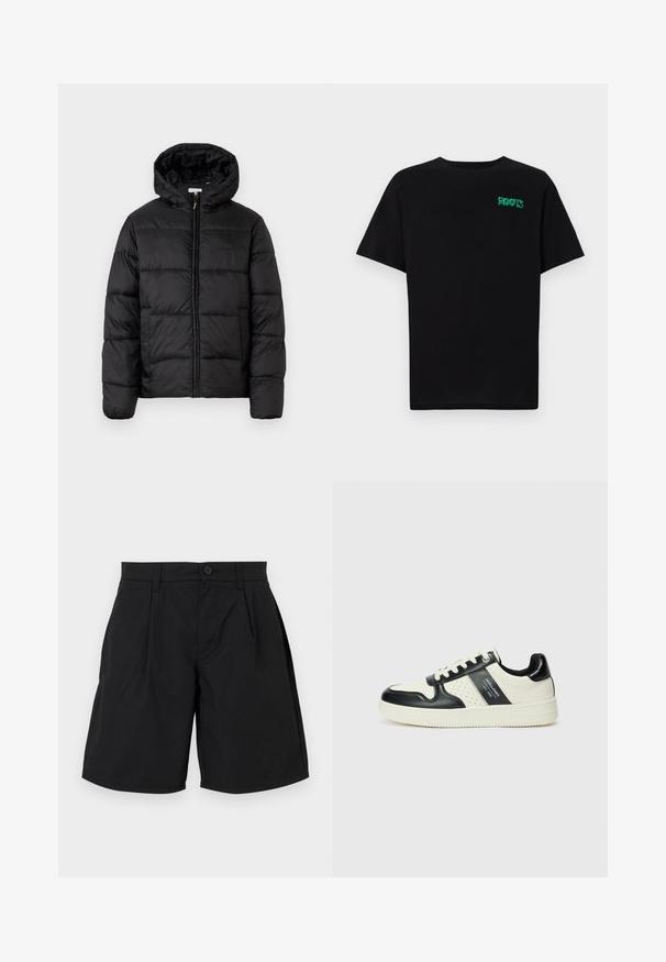 Giacca a vento nera con cappuccio, caratterizzata da pannelli trapuntati orizzontali, chiusura frontale con zip e una texture liscia e lucida.; T-shirt nera in cotone con maniche corte. Presenta un logo verde "ROOTS" sulla parte frontale, colletto rotondo e vestibilità standard.; Pantaloni corti neri realizzati in tessuto liscio, con chiusura a bottone, due pieghe frontali e tasche laterali, dal taglio rilassato e orlo dritto.; Sneakers in pelle con una combinazione di colori nero e crema, dotati di dettagli perforati, collare imbottito e suola testurizzata.