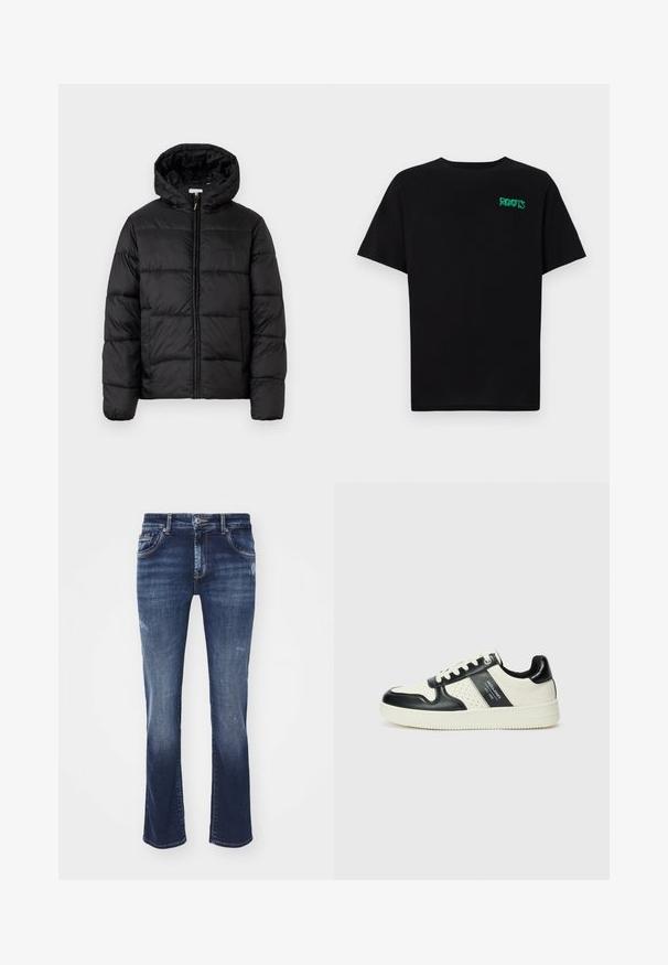 Casaco puffer preto com capuz, apresentando painéis acolchoados horizontais, fecho com zíper na frente e uma textura suave e brilhante.; T-shirt preta feita de algodão com mangas curtas. Apresenta um logótipo verde "ROOTS" na frente, gola redonda e corte standard.; Jeans de ganga azul escuro com ligeiro desbotamento e detalhes desgastados, design de cinco bolsos e um ajuste de perna reta. Ilhós para o cinto na cintura.; Ténis de couro com um esquema de cores em preto e creme, apresentando detalhes perfurados, um colarinho acolchoado e uma sola texturizada.