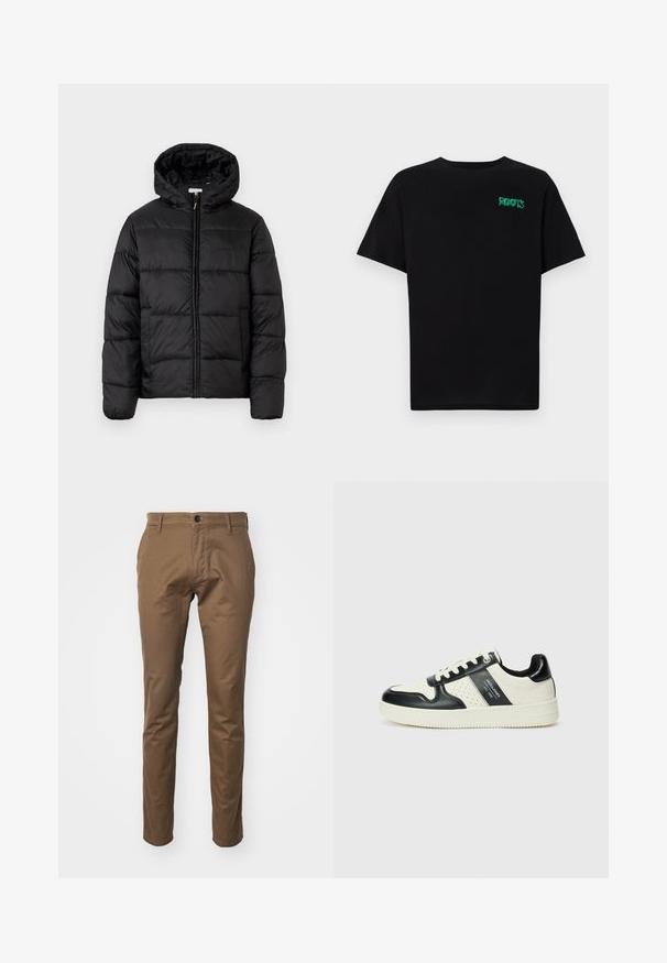 Veste matelassée noire avec capuche, présentant des panneaux matelassés horizontaux, un devant zippé et une texture lisse et brillante.; T-shirt noir en coton à manches courtes. Présente un logo "ROOTS" vert sur le devant, un col rond et une coupe standard.; Pantalon en mélange de coton marron avec une coupe droite, présentant une fermeture à bouton, des poches avant et une surface lisse et texturée.; Baskets en cuir avec un schéma de couleurs noir et crème, dotées d'accents perforés, d'un col rembourré et d'une semelle texturée.