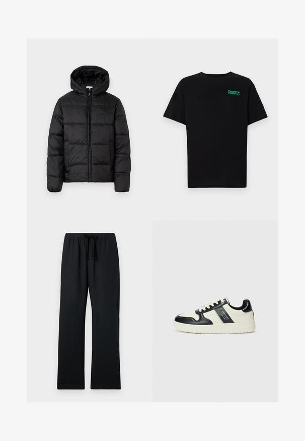 Fekete puffermellény kapucnival, vízszintes steppelésekkel, cipzáros elülső záródással és sima, fényes felülettel.; Fekete, pamutból készült póló rövid ujjakkal. Elöl zöld "ROOTS" logóval, kerek nyakkivágással és normál szabással.; Fekete, laza szárú nadrág, rugalmas derékkal és állítható zsinórral. Sima anyag, egyenes szárú kialakítás, minták nélkül.; Fekete és krém színű bőrsneaker, perforált díszítésekkel, párnázott bokapánttal és texturált talppal.