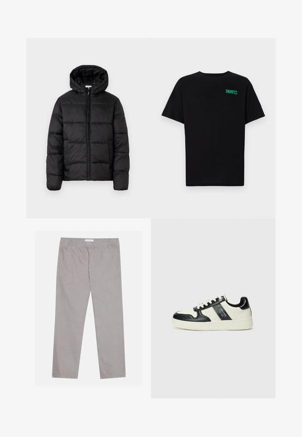 Musternaturmustar coat mustelhoovaga, hrisontaalsete tikandi paneelidega, tõmbluku ees sulgemisega ja sujuva, läikiva tekstuuriga.; Must t-särk, mis on valmistatud puuvillast, lühikeste varrukatega. Esipaneelil on roheline "ROOTS" logo, ümmargune kaelus ja tavapärane lõige.; Heledad hallid puuvillased püksid, millel on elastne vöökoht, kaks külgtaskut, sirge jala disain ja sile tekstuur. Lihtne õmbluse detail.; Nahatud nahkkingad musta ja kreemi värviskeemiga, millel on perforeeritud aktsendid, pehme krae ja tekstureeritud tallad.