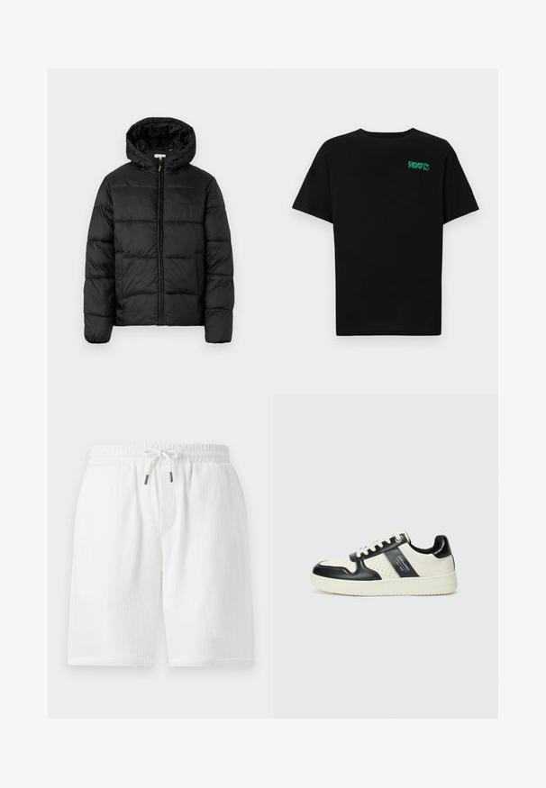 Casaco puffer preto com capuz, apresentando painéis acolchoados horizontais, fecho com zíper na frente e uma textura suave e brilhante.; T-shirt preta feita de algodão com mangas curtas. Apresenta um logótipo verde "ROOTS" na frente, gola redonda e corte standard.; Calções brancos, texturizados, com um cós elástico, fecho de cordão, bolsos laterais e um corte descontraído. Adequados para uso casual.; Ténis de couro com um esquema de cores em preto e creme, apresentando detalhes perfurados, um colarinho acolchoado e uma sola texturizada.