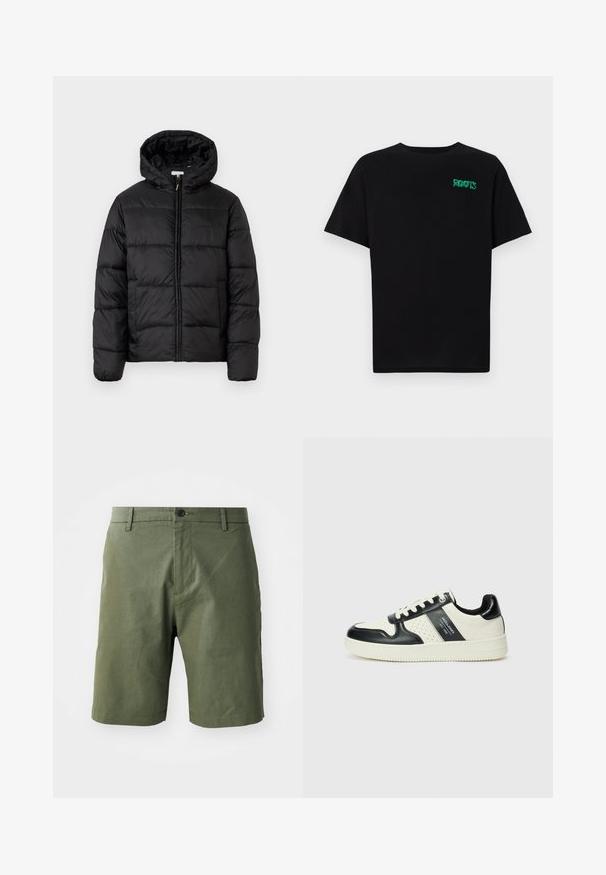 Casaco puffer preto com capuz, apresentando painéis acolchoados horizontais, fecho com zíper na frente e uma textura suave e brilhante.; T-shirt preta feita de algodão com mangas curtas. Apresenta um logótipo verde "ROOTS" na frente, gola redonda e corte standard.; Shorts verde-oliva feitos de tecido leve, com frente plana, passadores de cinto e um único fecho de botão na cintura.; Ténis de couro com um esquema de cores em preto e creme, apresentando detalhes perfurados, um colarinho acolchoado e uma sola texturizada.