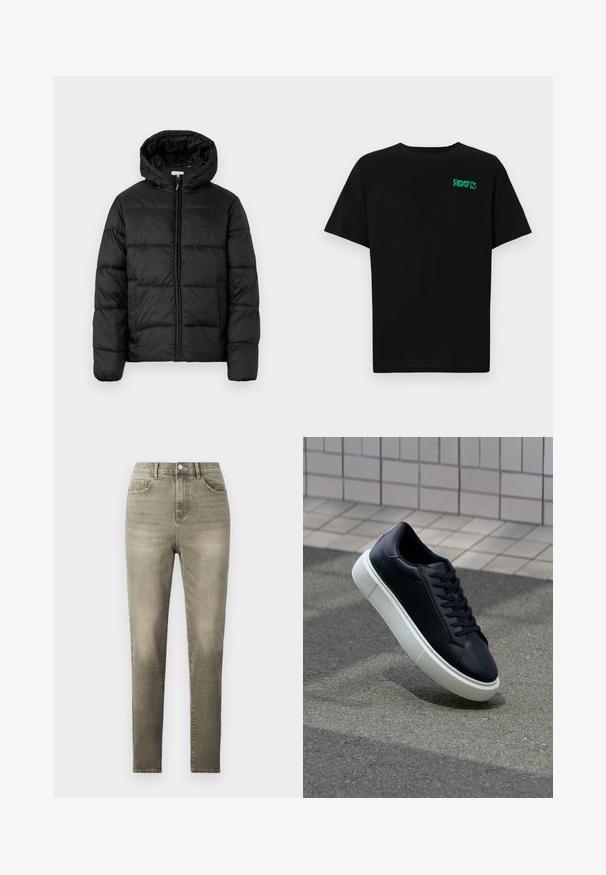 Svart puffjakke med hette, med horisontale quiltpaneler, glidelås foran og en glatt, shiny tekstur.; svart t-skjorte laget av bomull med korte ermer. Har et grønt "ROOTS"-logo på forsiden, rund halsutringning og standard passform.; Grå høytlivte jeans i denimstoff, med knappelukking, fem lommer og slim-fit design med subtile falming.; Sorte skinnsneakers med rund tå og hvit gummisåle. Har flate lisser og minimal søm på overdelen. Strukturert såle for grep.
