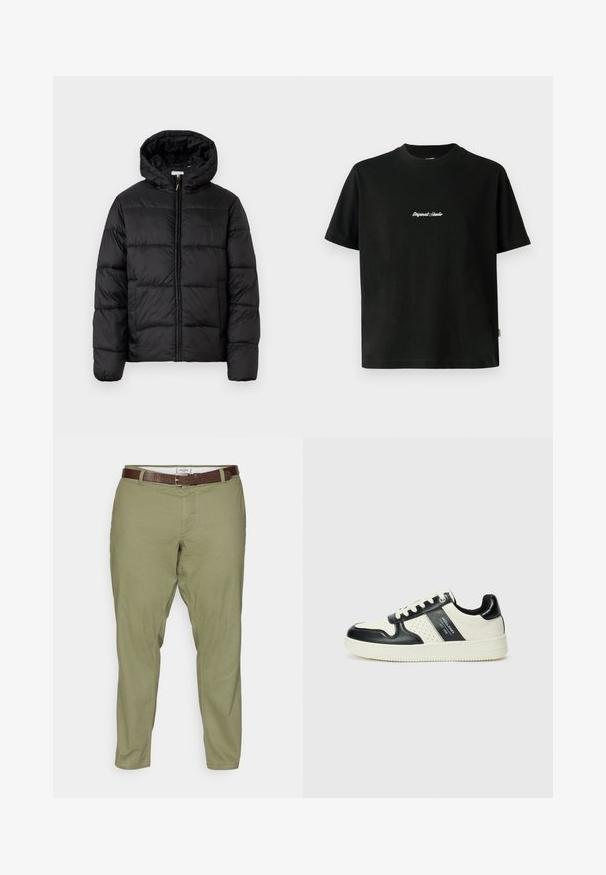 Giacca a vento nera con cappuccio, caratterizzata da pannelli trapuntati orizzontali, chiusura frontale con zip e una texture liscia e lucida.; T-shirt in cotone nero con maniche corte, caratterizzato da una scritta bianca ricamata "Original Studio" sul petto e un collo rotondo.; Pantaloni in misto cotone verde oliva con vestibilità dritta, dotati di tasche anteriori e una cintura in pelle marrone. Texture liscia e design pulito.; Sneakers in pelle con una combinazione di colori nero e crema, dotati di dettagli perforati, collare imbottito e suola testurizzata.