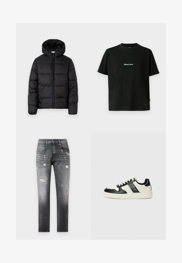 Black puffer jacket with a hood, featuring horizontal quilted panels, zip front closure, and a smooth, shiny texture.; Black cotton T-shirt with short sleeves, featuring a white embroidered "Original Studio" text across the chest and a rounded neckline.; Faded black denim jeans with distressed patches. Features five pockets, a button fly, and a straight-leg design.; Leather sneakers with a black and cream color scheme, featuring perforated accents, a padded collar, and a textured outsole.