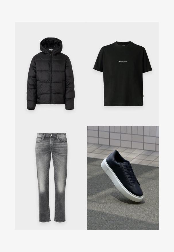 Jachetă puffer neagră cu glugă, cu panouri quilted orizontale, închidere prin fermoar și o textură netedă, lucioasă.; Tricou din bumbac negru cu mâneci scurte, având un text alb brodat "Original Studio" pe piept și un decolteu rotund.; Jeanși gri din denim cu un design drept, prezentând o ușoară decolorare, cinci buzunare și un sistem de închidere cu nasture. Material texturat cu cusături minime.; Tenis cu piele neagră, cu vârful rotund și talpă din cauciuc alb. Are șireturi plate și cusături minime pe suprafață. Tălpile texturate oferă aderență.