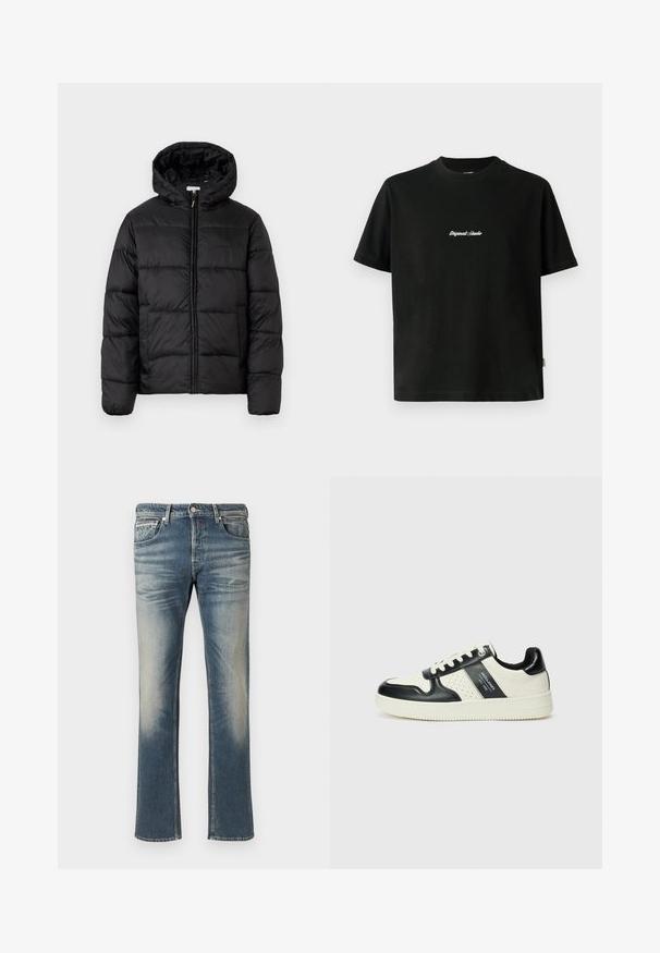 Casaco puffer preto com capuz, apresentando painéis acolchoados horizontais, fecho com zíper na frente e uma textura suave e brilhante.; T-shirt de algodão preto com mangas curtas, apresentando um texto bordado em branco "Original Studio" no peito e um decote redondo.; Jeans de denim azul claro com desbotado, design de perna reta, cinco bolsos e detalhes em metal. Costura à máquina com uma textura macia.; Ténis de couro com um esquema de cores em preto e creme, apresentando detalhes perfurados, um colarinho acolchoado e uma sola texturizada.