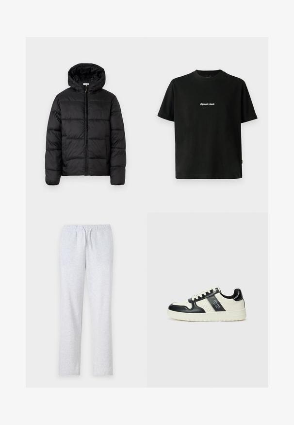 Jachetă puffer neagră cu glugă, cu panouri quilted orizontale, închidere prin fermoar și o textură netedă, lucioasă.; Tricou din bumbac negru cu mâneci scurte, având un text alb brodat "Original Studio" pe piept și un decolteu rotund.; Pantaloni de trening gri, dintr-un material moale, cu un elastic la talie și un șnur, picioare drepte și o textură netedă.; Tenisi din piele cu un scheme de culori negru și crem, dotati cu accente perforate, guler căptușit și o talpă texturată.