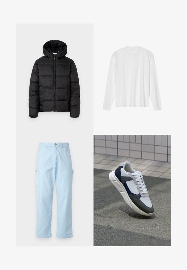 Giacca a vento nera con cappuccio, caratterizzata da pannelli trapuntati orizzontali, chiusura frontale con zip e una texture liscia e lucida.; Maglietta bianca a manica lunga in cotone con scollo rotondo, polsini a costine e orlo dritto, texture liscia e design minimalista.; Pantaloni cargo azzurri chiari realizzati in morbido cotone, con una linea dritta, dotati di tasche laterali e chiusura a bottone in vita.; Sneaker bianca, blu navy e grigia con un design a materiali misti, caratterizzata da una tomaia testurizzata, lacci piatti e una suola imbottita.