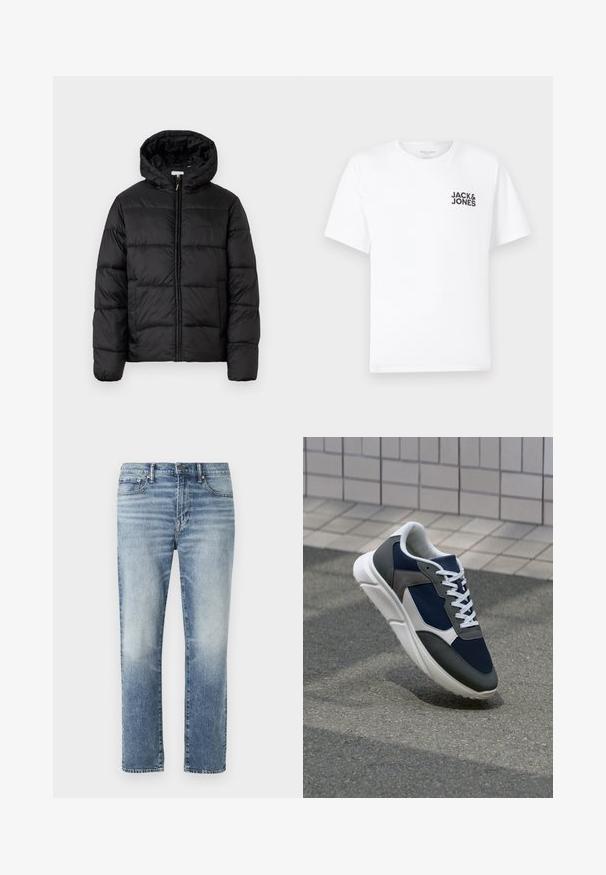 Juodas pūkinis švarkas su kapišonu, su horizontaliai siuvinėtais audinio ruožais, priekyje užsegamas užtrauktuku ir turintis lygią, blizgią tekstūrą.; Balta medvilnės marškinėliai su trumpomis rankovėmis ir apvalia kaklo iškirpte. Kairėje krūtinės pusėje yra juodas tekstas "JACK & JONES". Paprastas, vientisas dizainas.; Šviesiai mėlynos džinsinės kelnės su tiesiais kojų kirpimu, su lengvu blukimu, siūtomis kišenėmis ir mygtuko uždarymu.; Sportiniai bateliai su tamsiai mėlynu tinkliniu viršumi, pilkais zomšiniais akcentais, balta guma padanga ir plokščiomis baltomis raištelėmis, sukurti komfortui ir oro pralaidumui.