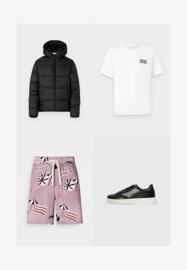 Musternaturmustar coat mustelhoovaga, hrisontaalsete tikandi paneelidega, tõmbluku ees sulgemisega ja sujuva, läikiva tekstuuriga.; Valge puuvillane T-särk, lühikeste varrukatega, ümmarguse kaelusega. Vasakul rinnal on musta teksti logoga "JACK & JONES". Lihtne, üksikasjadeta disain.; Heledad ujumispüksid helesinises kangas, millel on graafiline muster, kus on rannakatteid, lainelisi jooni ja stiliseeritud käsi vastandlikes värvides.; Mustad mustad mustad kroko-reljeefiga nahast ülemine osa, ümar varvas ja kontrastne valge kummitald, millel on sile viimistlus.
