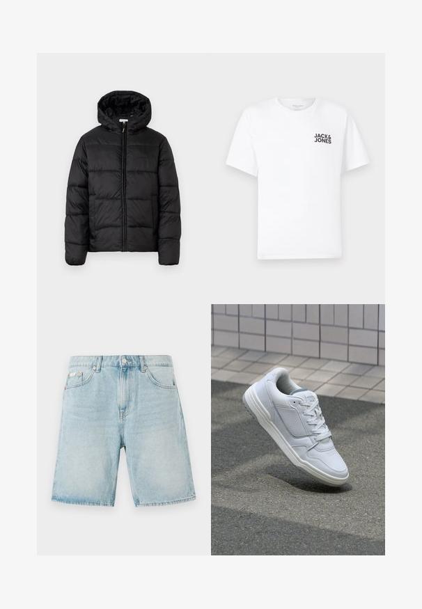 Giacca a vento nera con cappuccio, caratterizzata da pannelli trapuntati orizzontali, chiusura frontale con zip e una texture liscia e lucida.; T-shirt bianca in cotone, maniche corte, collo rotondo. Presenta un logo in testo nero "JACK & JONES" nell'area sinistra del petto. Design semplice e minimale.; Shorts in denim azzurro chiaro con una vestibilità ampia, dotati di tasche frontali, chiusura a bottone e un leggero sbiadimento.; Sneaker bianca in pelle con lati perforati, accenti testurizzati, lacci piatti e tallone grigio a contrasto. Presenta una suola leggermente elevata.
