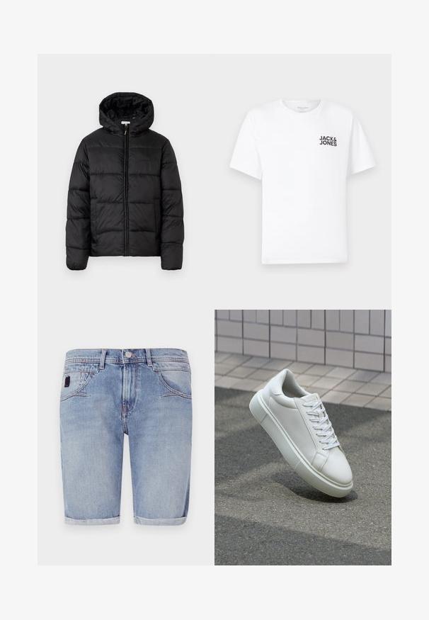 Juodas pūkinis švarkas su kapišonu, su horizontaliai siuvinėtais audinio ruožais, priekyje užsegamas užtrauktuku ir turintis lygią, blizgią tekstūrą.; Balta medvilnės marškinėliai su trumpomis rankovėmis ir apvalia kaklo iškirpte. Kairėje krūtinės pusėje yra juodas tekstas "JACK & JONES". Paprastas, vientisas dizainas.; Šviesiai mėlynos džinsinės šortai su tiesiu kirpimu, suvertimo kraštu ir švelniu blukimu. Turi priekines kišenes ir nedidelį audinio etiketę.; Balti odiniai sportbačiai su lygiu paviršiumi, apvalia nosimi ir plokščiomis baltomis raištelėmis. Yra tekstūruotas gumos padas ir minimalizmas dizaino elementuose.