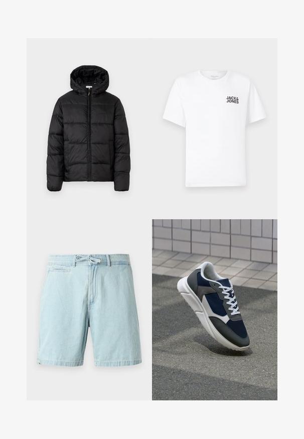 Črna pufasta bunda s kapuco, ki ima vodoravne prešite plošče, sprednje zapiranje na zadrgo in gladko, sijočo teksturo.; Bela bombažna majica, kratki rokavi, okrogla izreza. Na levi strani prsnega dela se nahaja črn logotip "JACK & JONES". Preprost, enostaven dizajn.; Svijetloplave traper kratke hlače s elastičnim pojasom i detaljem za vezanje, koje imaju bočne džepove i opušten kroj. Glatka tekstura, ležeran dizajn.; Superge z zgornjim delom iz mrežaste tkanine v mornarsko modri barvi, sivi usnjeni poudarki, belo gumijasto podplato in ravnimi belimi vezalkami, zasnovane za udobje in zračnost.