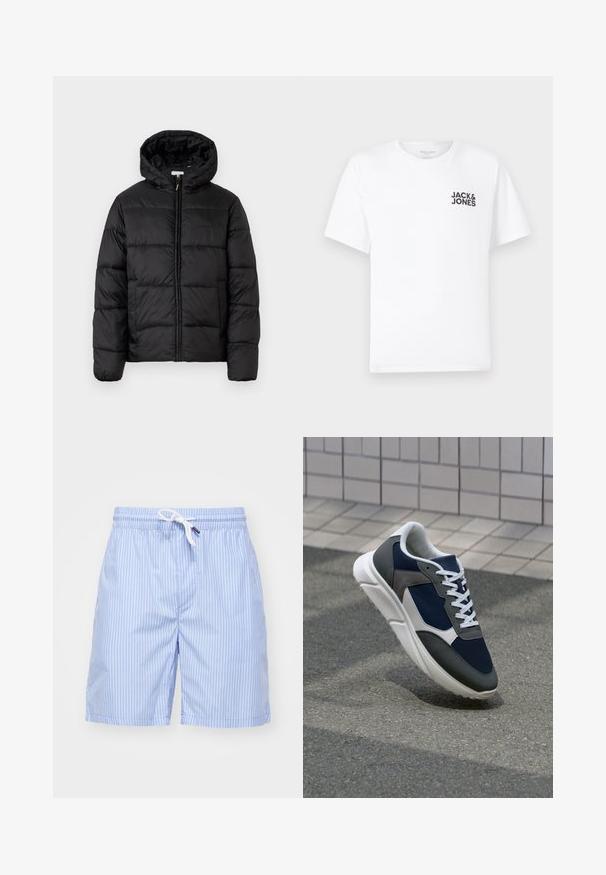 Casaco puffer preto com capuz, apresentando painéis acolchoados horizontais, fecho com zíper na frente e uma textura suave e brilhante.; T-shirt de algodão branco, mangas curtas, com decote redondo. Apresenta o logotipo em texto preto "JACK & JONES" na área do peito esquerdo. Design simples e liso.; Calções de banho riscas azul claro feitos de um tecido suave. Apresenta um cordão branco e bolsos laterais. Comprimento até meia coxa com um corte reto.; Sapatilha com parte superior em malha azul-marinho, detalhes em camurça cinza, sola de borracha branca e atacadores brancos planos, projetada para conforto e respirabilidade.