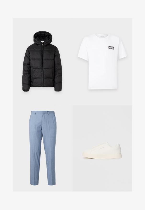 Casaco puffer preto com capuz, apresentando painéis acolchoados horizontais, fecho com zíper na frente e uma textura suave e brilhante.; T-shirt de algodão branco, mangas curtas, com decote redondo. Apresenta o logotipo em texto preto "JACK & JONES" na área do peito esquerdo. Design simples e liso.; Calças ajustadas azul-claro com um acabamento texturizado, design cuidado e perna reta. Apresenta bolsos frontais e passadores de cinto.; Sapatilhas brancas de atacar com uma superfície texturizada, sola grossa e design minimalista. Possui o logo da marca na lateral.