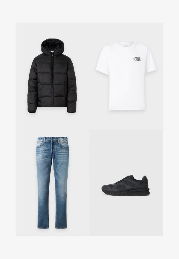 Black puffer jacket with a hood, featuring horizontal quilted panels, zip front closure, and a smooth, shiny texture.; White cotton t-shirt, short sleeves, crew neck. Features black text logo "JACK & JONES" on the left chest area. Simple, plain design.; Blue straight-leg jeans with faded detailing, front button, and pockets, displayed against a plain white background.; Replay ARTHUR ATOM - Trainers - black