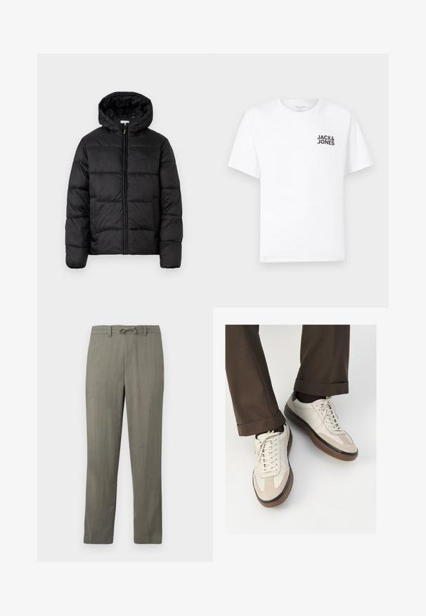 Zwarte pufferjack met een capuchon, met horizontale gestikte panelen, ritssluiting aan de voorkant en een gladde, glanzende textuur.; Witte katoenen t-shirt, korte mouwen, ronde hals. Kenmerkt zich door het zwarte tekstlogo "JACK & JONES" op de linkerkant van de borst. Eenvoudig, strak ontwerp.; Lichtgrijze herenbroek van linnenmix met een trekkoord in de taille, rechte pijpen en een subtiele textuur; voorzien van standaardzakken en geen opvallende patronen.; Beige sneakers met een leren voorkant van textuur-suède, gladde leren zijkanten en een bruine rubberen zool. Veters en lichte stikseldetails inbegrepen.