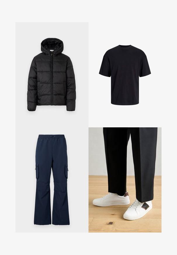 Jachetă puffer neagră cu glugă, cu panouri quilted orizontale, închidere prin fermoar și o textură netedă, lucioasă.; Tricou din bumbac negru, cu guler rotund, mâneci scurte și o croială lejeră. Textură netedă și fără modele sau accente vizibile.; Pantaloni cargo navy dintr-un material ușor, prevăzuți cu un brâu elastic, două buzunare laterale și buzunare cargo cu fermoar pe ambele picioare.; Sneakers albe cu textură netedă, având accente din piele maro și detalii negre, asociate cu pantaloni negri pe măsură. Fundal din podea din lemn.