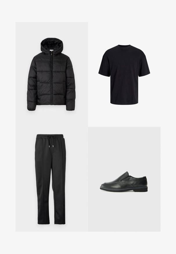 Jachetă puffer neagră cu glugă, cu panouri quilted orizontale, închidere prin fermoar și o textură netedă, lucioasă.; Tricou din bumbac negru, cu guler rotund, mâneci scurte și o croială lejeră. Textură netedă și fără modele sau accente vizibile.; Pantaloni de trening negri cu un brâu ajustabil, manșete elastice și țesătură netedă cu detalii subtile pe panourile laterale. Fără feronerie vizibilă.; Pantof de piele neagră, tip slip-on, cu un superior neted, accente cusute, vârf rotunjit și un toc jos din cauciuc. Talpa are un profil minim de aderență.