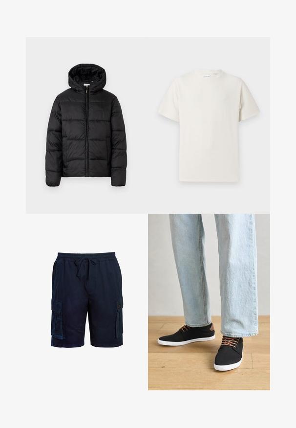 Black puffer jacket with a hood, featuring horizontal quilted panels, zip front closure, and a smooth, shiny texture.; White short-sleeve T-shirt in a ribbed texture. Round neckline, relaxed fit, no visible patterns or accents. Simple and versatile design.; Navy blue cargo shorts with an elastic waistband, drawstring, pockets on both sides, and a textured fabric for comfort.; Black canvas sneakers with brown accents, white rubber soles, and brown laces, paired with light blue straight-leg jeans. Wood floor background.