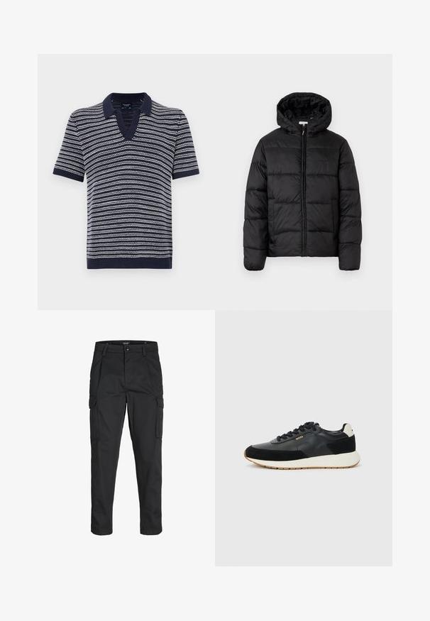 Černá péřová bunda s kapucí, s horizontálně prošívanými panely, předním zipovým zapínáním a hladkým, lesklým povrchem.; Námořnická polokošile s krátkým rukávem a výstřihem do V, se vzorem vodorovných bílých pruhů. Vyrobena z měkkého pleteného materiálu s žebrovaným límcem a lemem.; Černé cargo kalhoty vyrobené z odolné tkaniny, s mnoha kapsami, knoflíkovým zapínáním a slim fit střihem se zúženými nohavicemi.; Černé tenisky s kombinací texturované kůže a semiše, bílé mezipodešve a podešve z gumy. Šňůrky v odpovídající černé barvě.