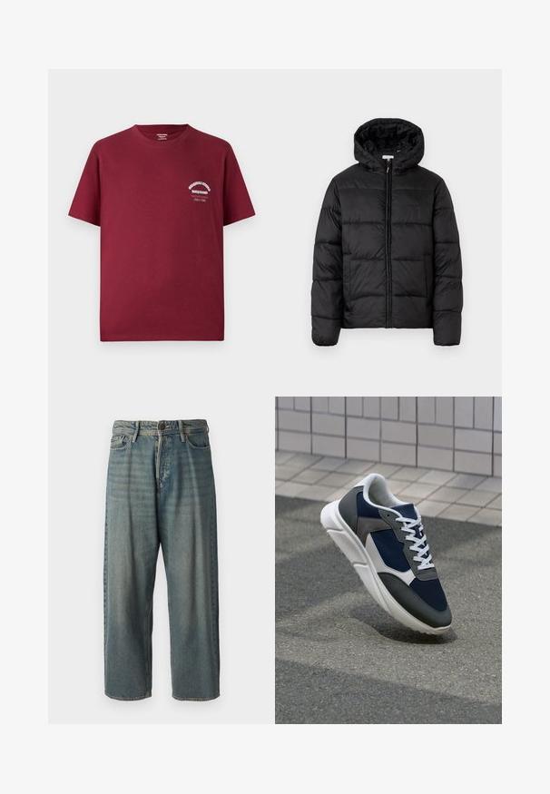 Musternaturmustar coat mustelhoovaga, hrisontaalsete tikandi paneelidega, tõmbluku ees sulgemisega ja sujuva, läikiva tekstuuriga.; Burgundia puuvillane T-särk ümmarguse kaelusega, lühikeste varrukatega ja valge graafilise printimisega vasakul rinnal. Sile tekstuur ja lõdva istuvusega.; Heledad sinine denim-stiilis teksad, volüümse lõike, keskmise kõrgusega talje ja sirgete säärega. Omab viit taskut, vöökumme ja nööpide sulgemist.; Sneaker, mille sinine võrkkangas, hallid nubukdetailid, valge kummitald ja lamedad valged paelad, disainitud mugavuseks ja hingavuseks.