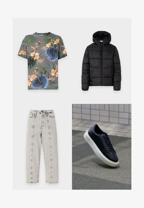 Black puffer jacket with a hood, featuring horizontal quilted panels, zip front closure, and a smooth, shiny texture.; Short-sleeved t-shirt in gray cotton with a tropical floral print in orange, blue, green, and beige, featuring various leaf patterns.; Gray high-waisted jeans with a loose fit, featuring a straight leg design, visible stitching, and distressed texture.; Black leather sneaker with rounded toe and white rubber sole. Features flat laces and minimal stitching on the upper. Textured sole for grip.